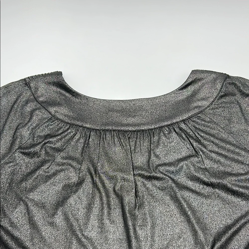 Dana Buchman Flutter Sleeve Blouse Large Gray Shimmer Pleated Nech Relaxed Fit